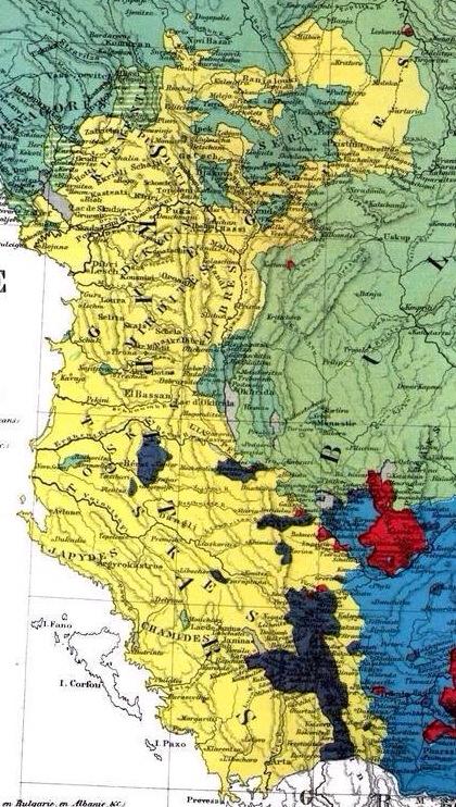 Harta e Shqipëris natyrale para dy shekujve ku tregon zonat e banuara nga Shqiptarët