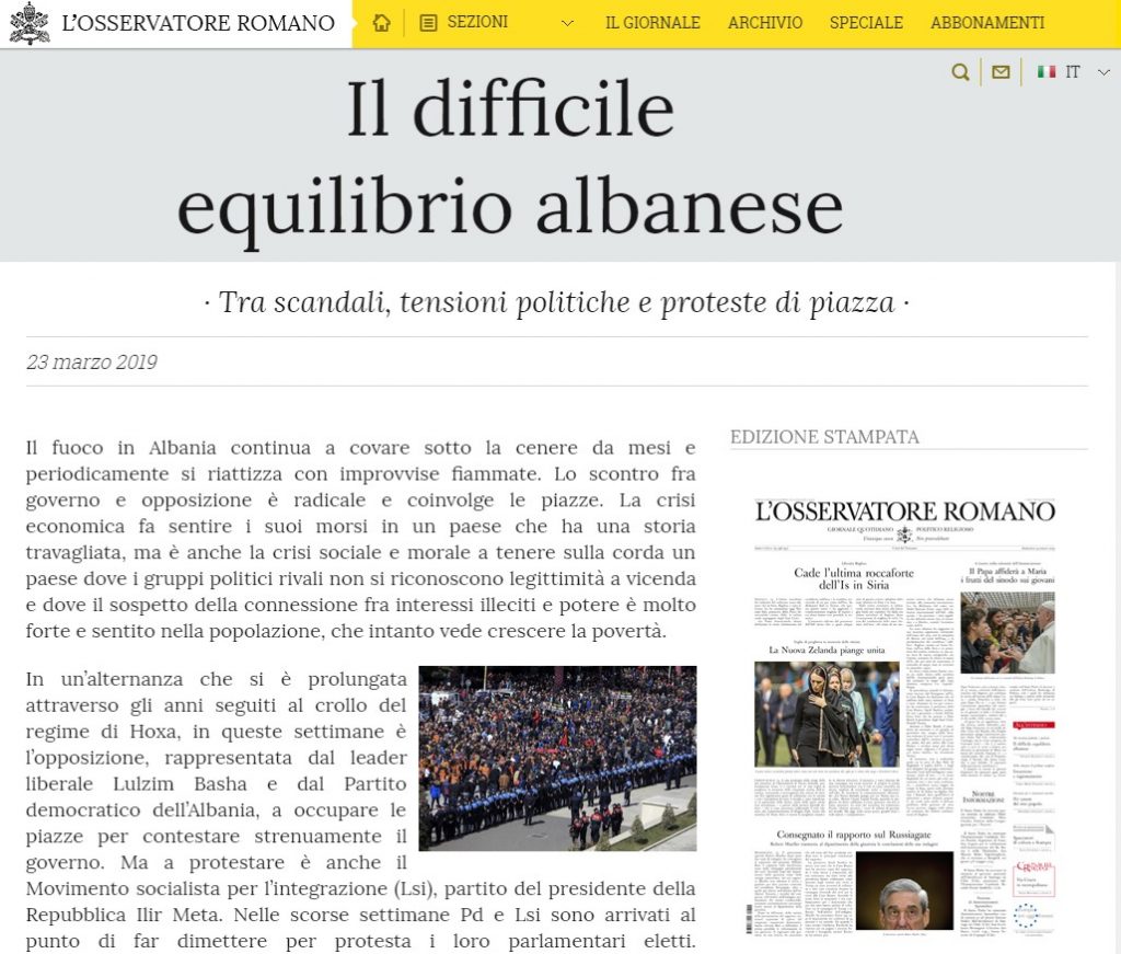 Gazeta e Vatikanit: Kriza në Shqipëri, e ngjashme me vitin ‘97